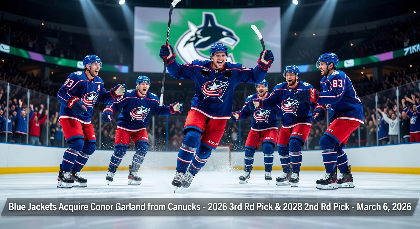 Dynamic illustration of Conor Garland in Columbus Blue Jackets jersey celebrating on the ice, representing his trade acquisition from the Vancouver Canucks at the 2026 NHL deadline.