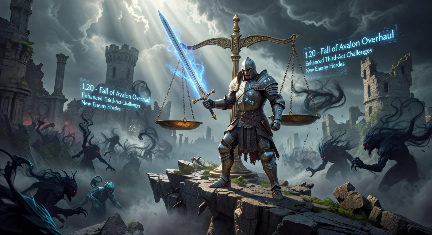 Photorealistic artwork depicting a knight balancing power against foes in Tainted Grail: The Fall of Avalon's updated third act, illustrating patch 1.20.