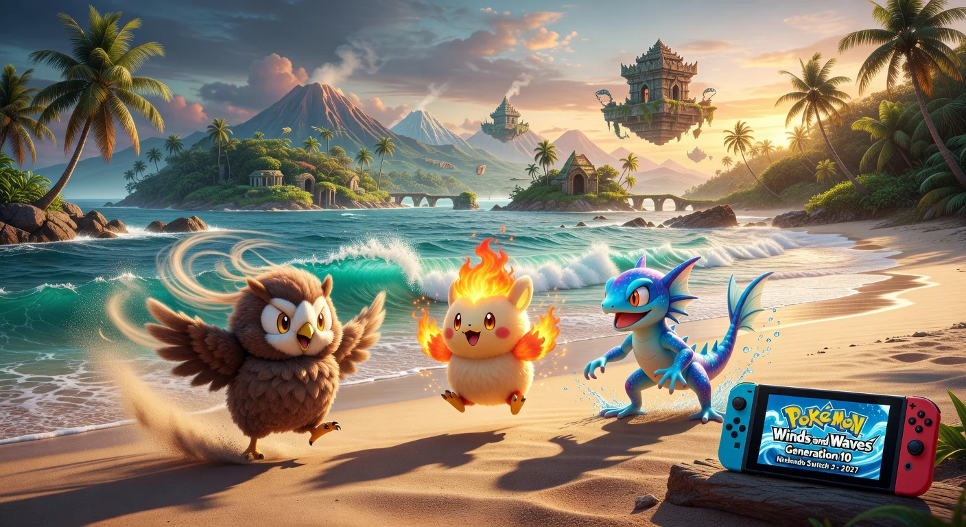 Photorealistic illustration depicting the Pokémon Winds and Waves Gen 10 announcement, showcasing Southeast Asia-inspired islands, ocean waves, and new starters Browt, Pombon, and Gecqua with Nintendo Switch 2.