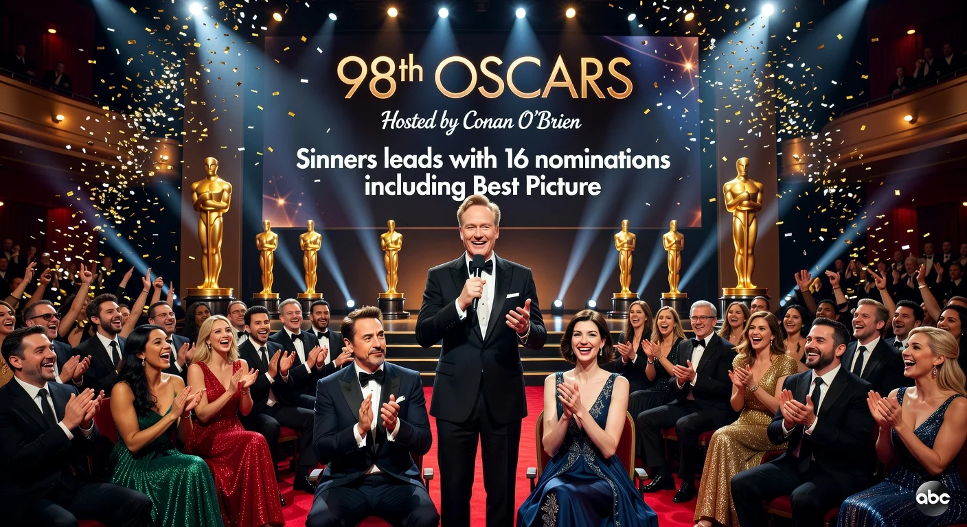 Dolby Theatre lit up for the 98th Academy Awards on March 15, 2026, hosted by Conan O’Brien, with Oscar statue and red carpet.