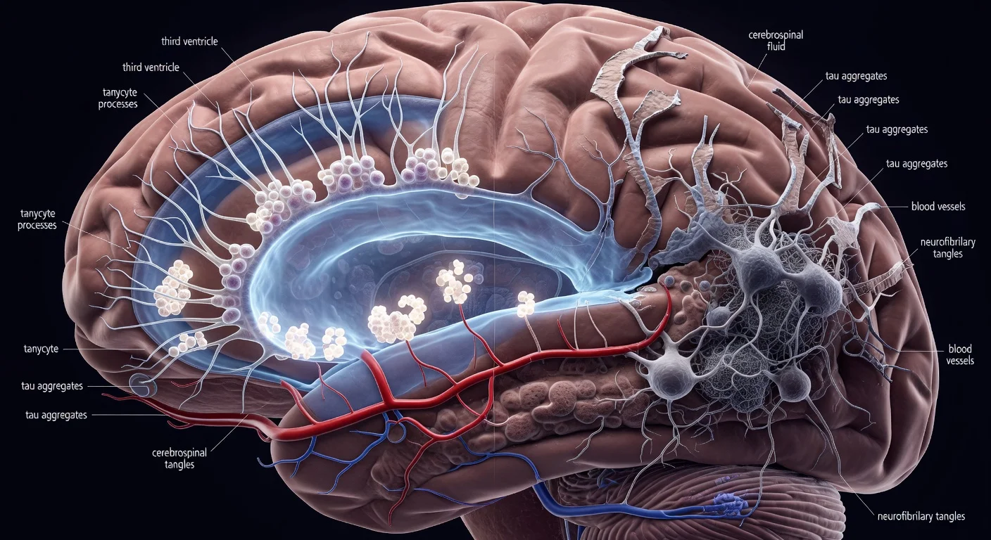 Scientific illustration depicting healthy and damaged tanycytes in the brain's third ventricle clearing tau protein in Alzheimer’s disease.