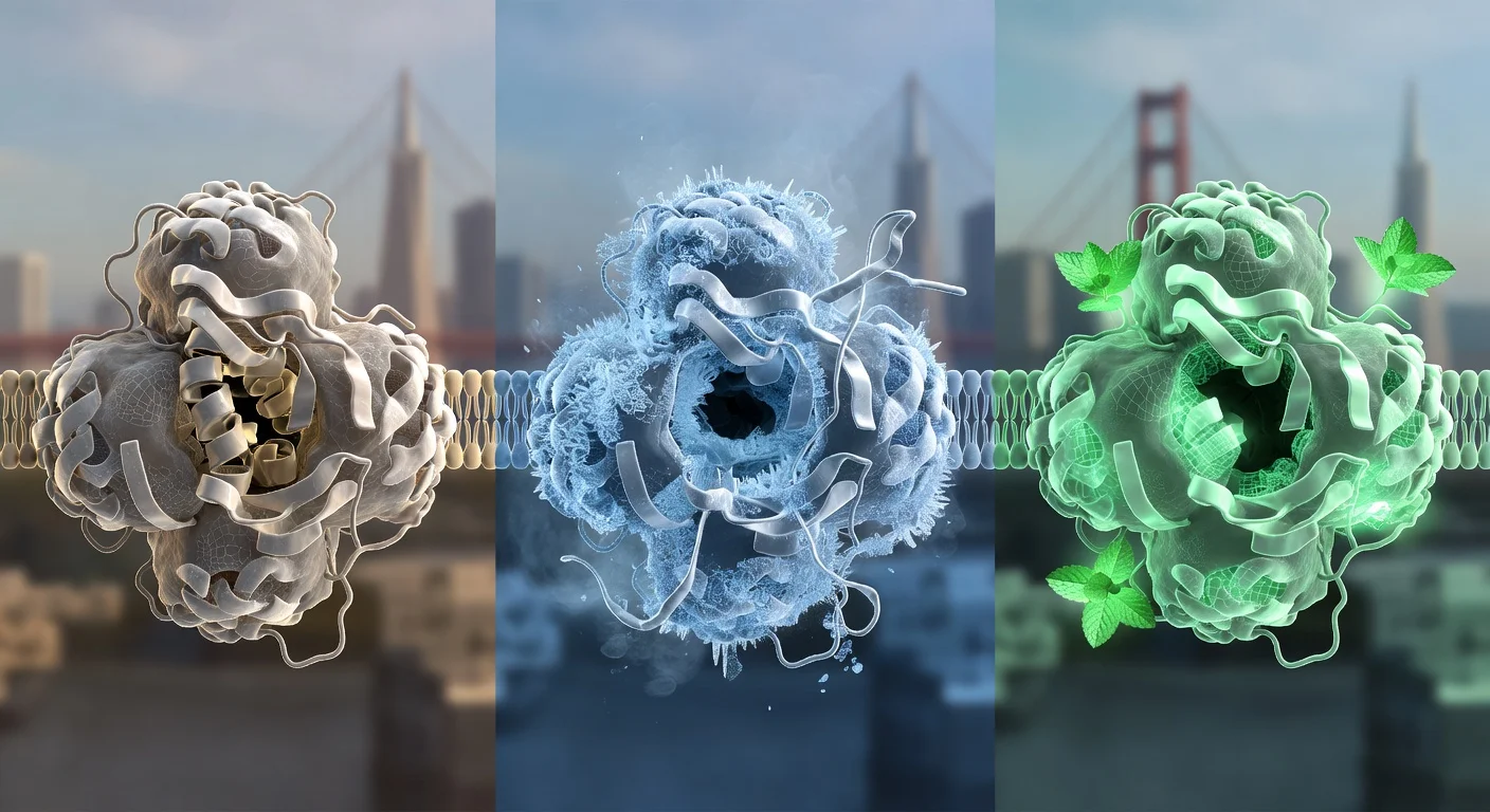 Cryo-EM images illustrating TRPM8 channel activation by cold temperatures and menthol for cooling sensation research.