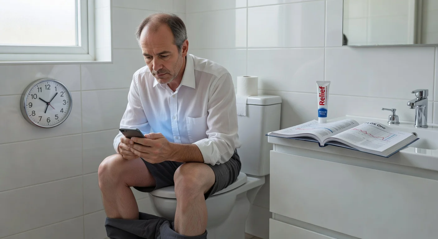 Illustration of a man using a smartphone on the toilet, highlighting a study's link to increased hemorrhoid odds.
