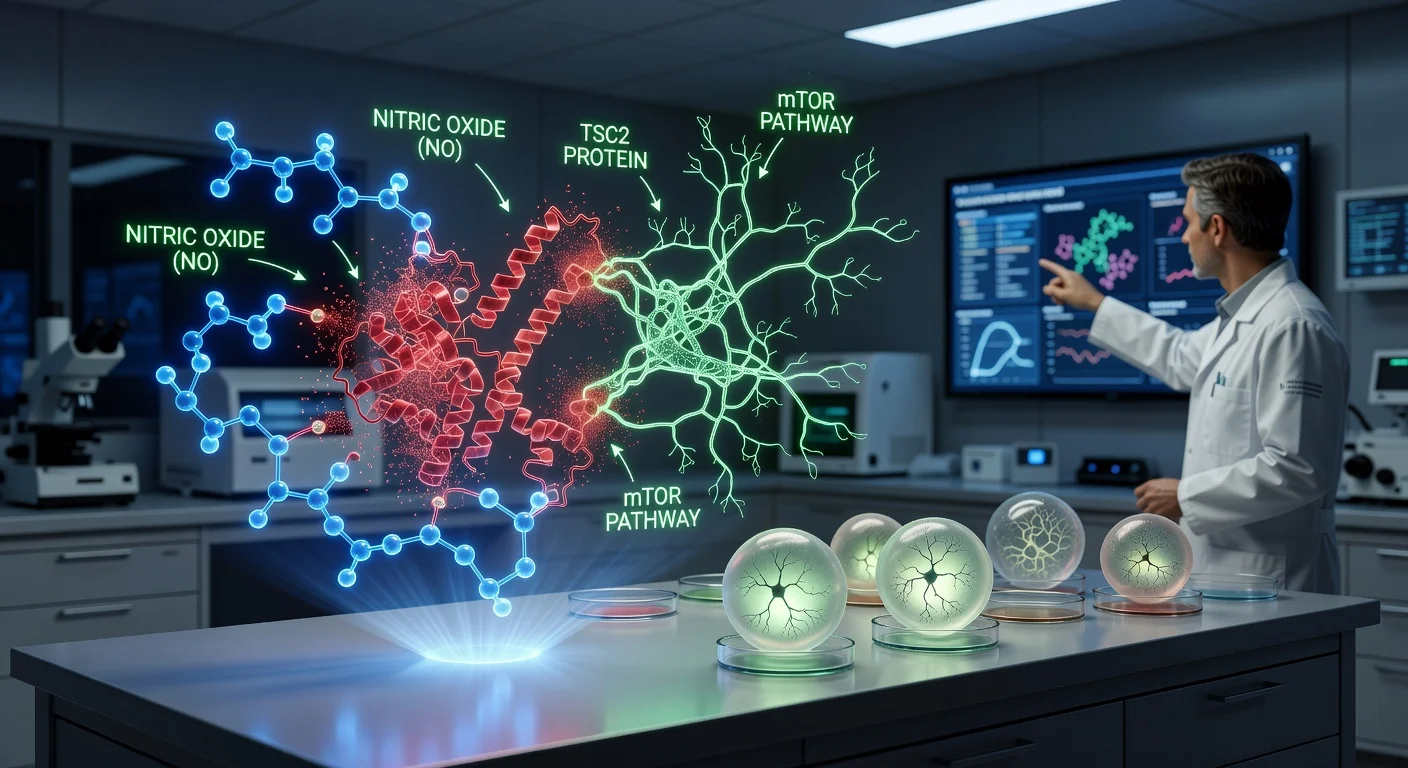 Illustration of nitric oxide signaling modifying TSC2 protein to activate mTOR pathway in autism models, based on Hebrew University study.