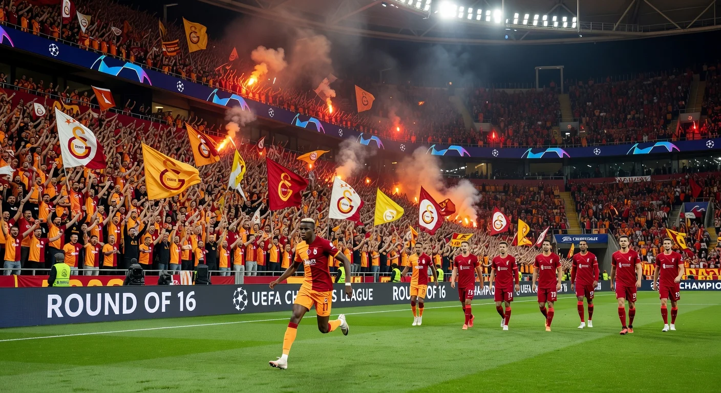 Dramatic night scene at RAMS Park: Galatasaray fans erupt in flares as Victor Osimhen and teammates face Liverpool in Champions League round of 16.