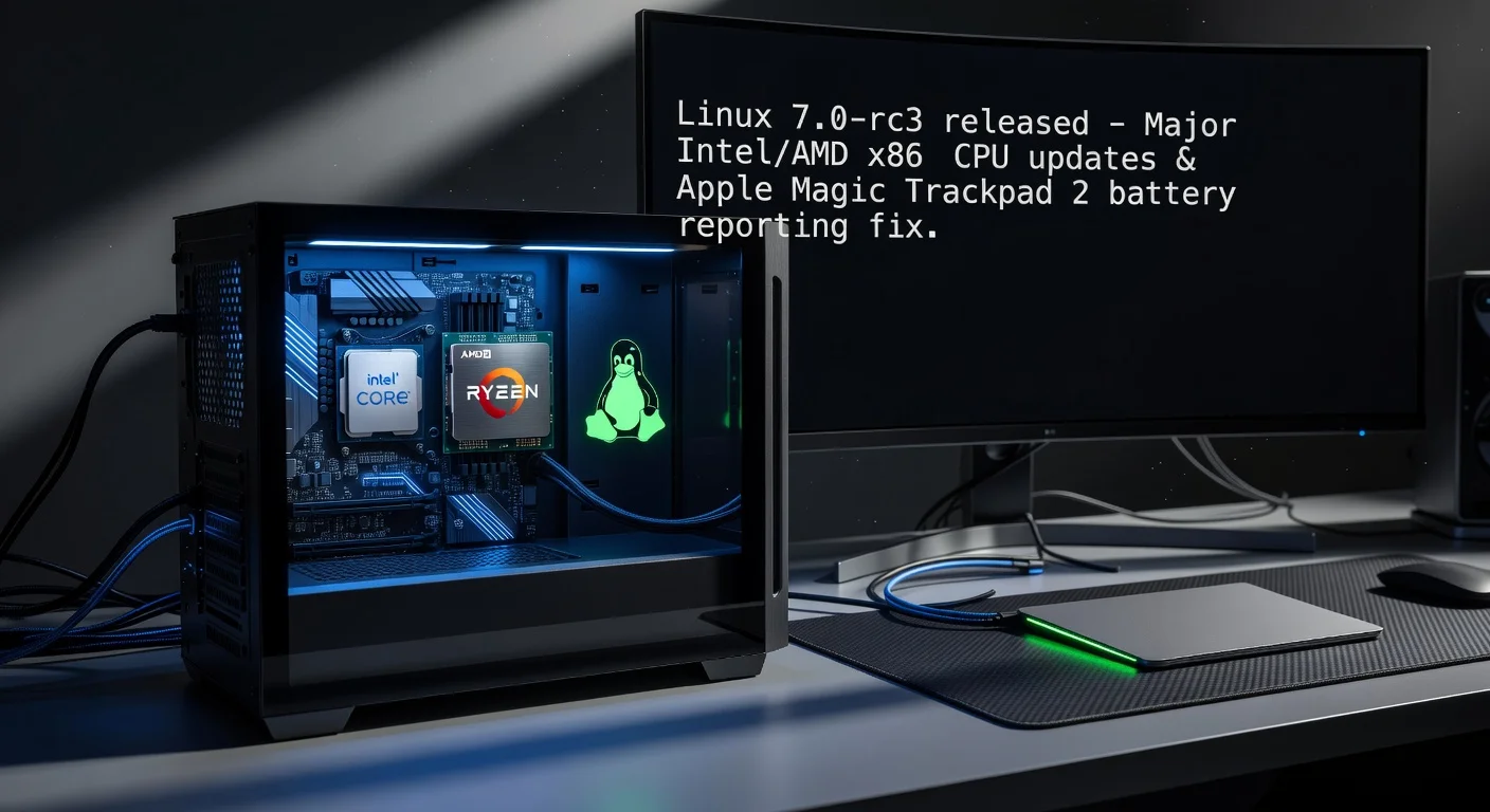 Photorealistic illustration of Linux kernel 7.0-rc3 release highlighting Intel/AMD CPU updates and Apple Magic Trackpad battery fix.