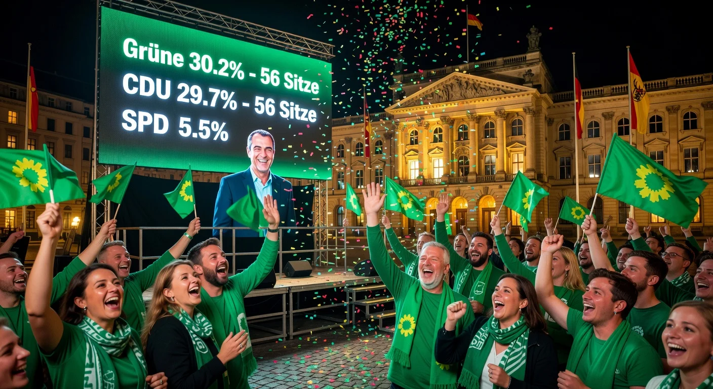 Illustration depicting Green Party supporters celebrating their slim election win over CDU in Baden-Württemberg, with vote results on display.