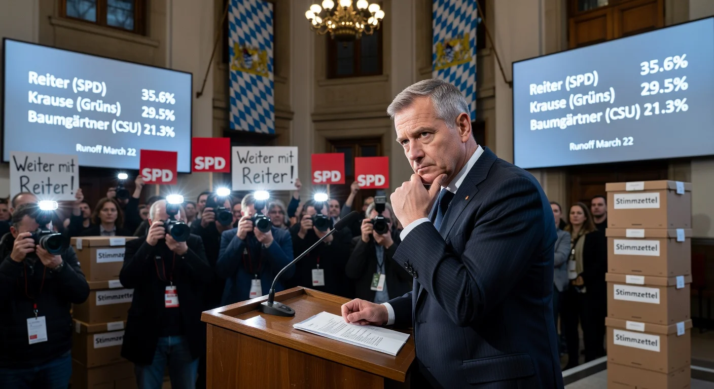Munich Mayor Dieter Reiter at election night podium, viewing weak results leading to runoff election.