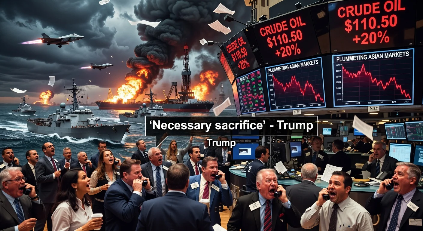 Dramatic illustration of oil prices surging past $110 amid US-Israel-Iran war, depicting panicked traders, crashing markets, and fiery Persian Gulf conflict.