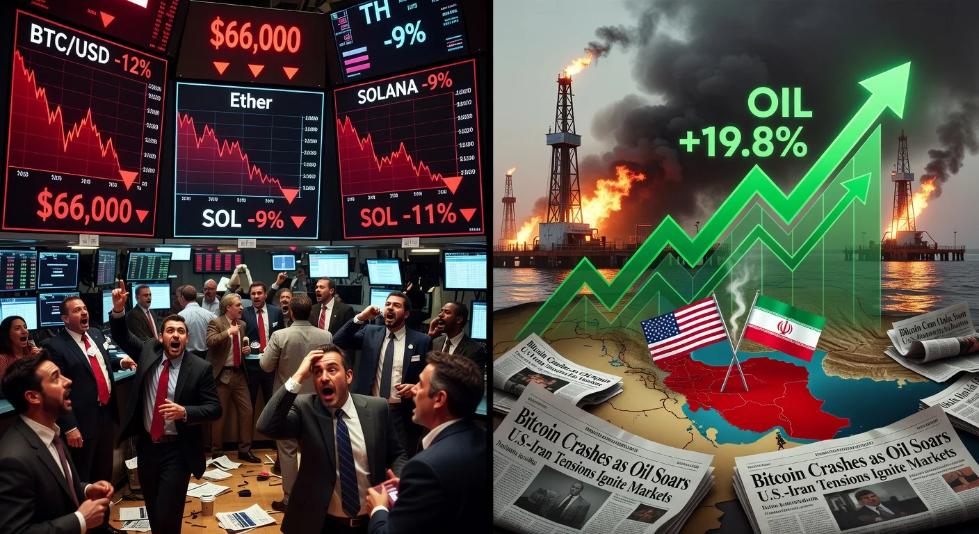 Illustration of Bitcoin price falling below $66,000 amid surging oil prices from U.S.-Iran tensions, with trading screens and geopolitical symbols.