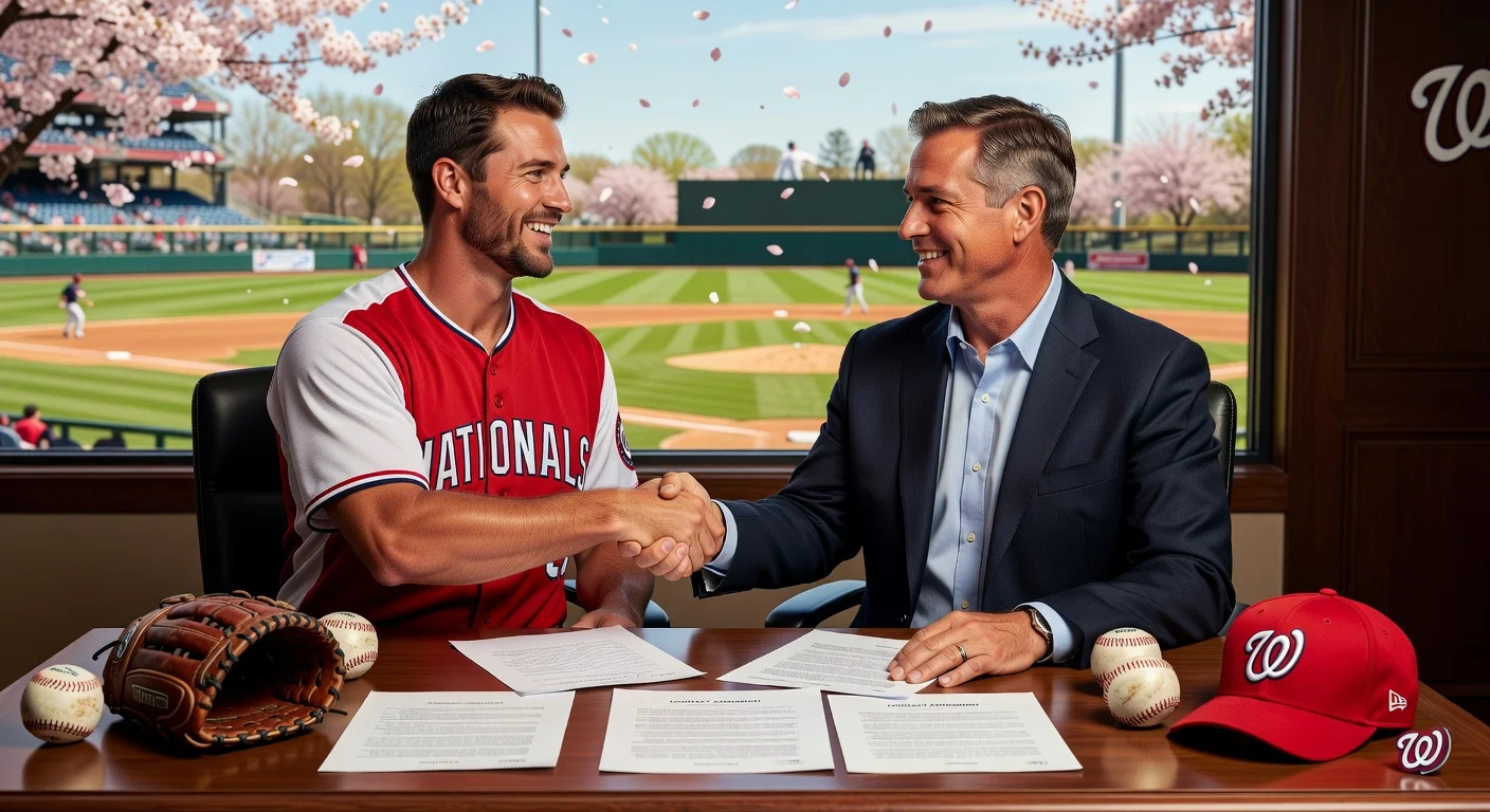 Zack Littell shakes hands on Nationals contract deal in realistic spring training photo illustration.
