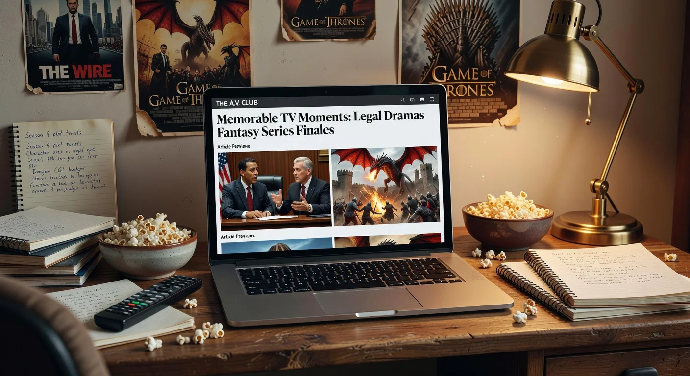 Photorealistic image of a laptop on a desk showing A.V. Club articles on memorable TV moments from legal dramas to fantasy finales, with thematic props.