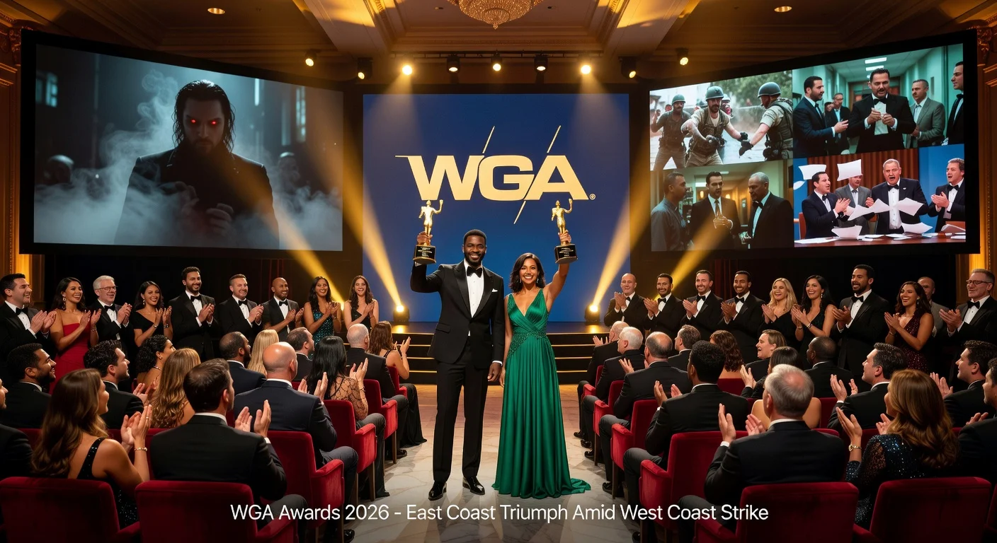 Winners of the 2026 WGA Awards: Sinners and One Battle After Another screenplay trophies on stage, with The Pitt and The Studio series honors, at the New York ceremony.