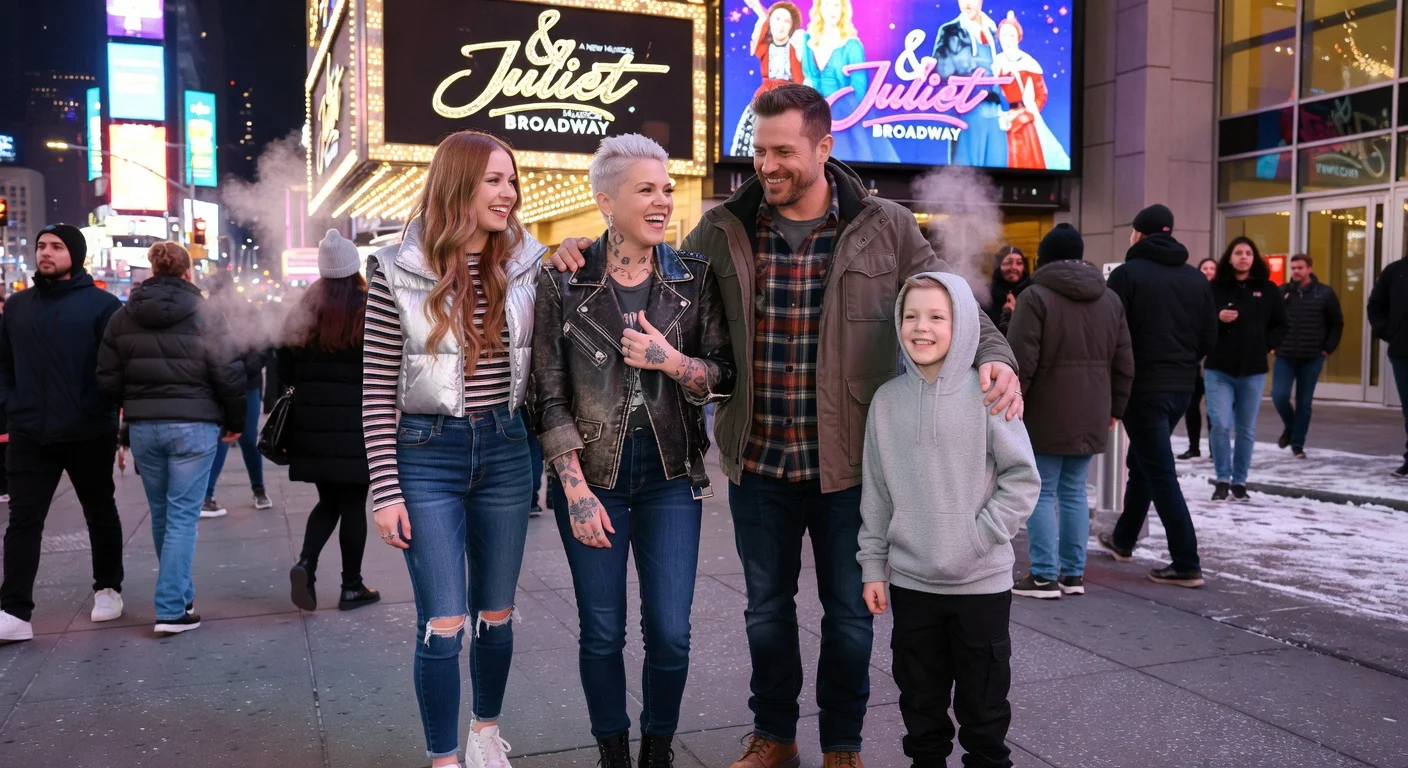 P!nk and Carey Hart with kids Willow and Jameson outside '& Juliet' on Broadway, smiling family after show.