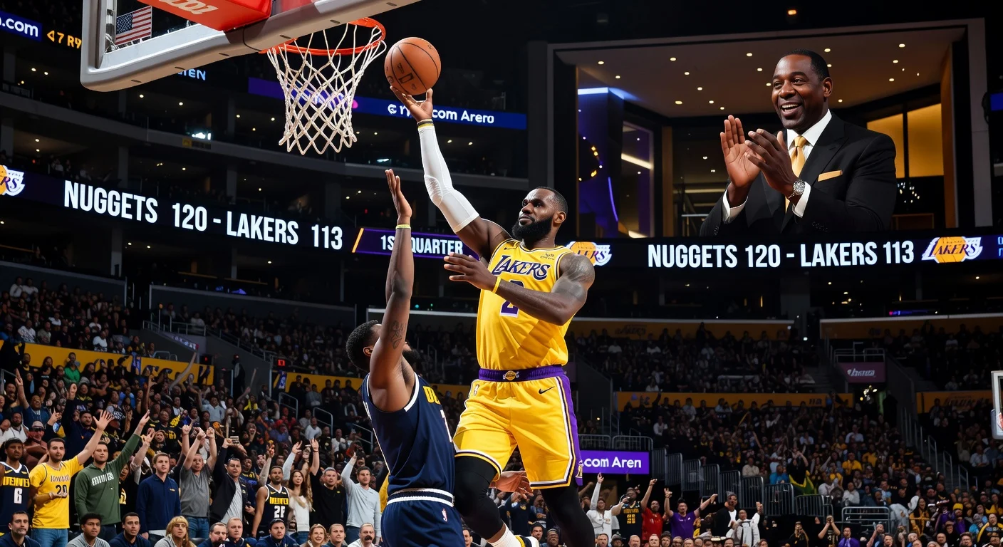 LeBron James sinks record-breaking field goal surpassing Kareem Abdul-Jabbar as Magic Johnson congratulates during Lakers' loss to Nuggets.