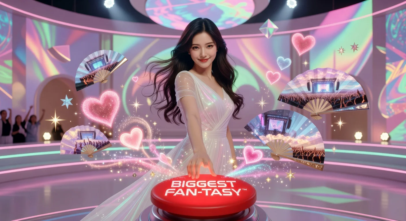 Irene of Red Velvet in a fantastical teaser scene for her solo album 'Biggest Fan', pressing a glowing 'BIGGEST FAN-TASY™' button amid swirling fantasy effects.