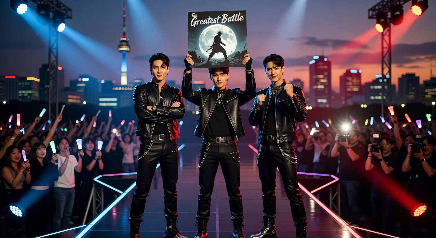 Big Ocean, deaf K-pop trio, poses dramatically at Seoul showcase for 'The Greatest Battle' album release, holding epic cover art.