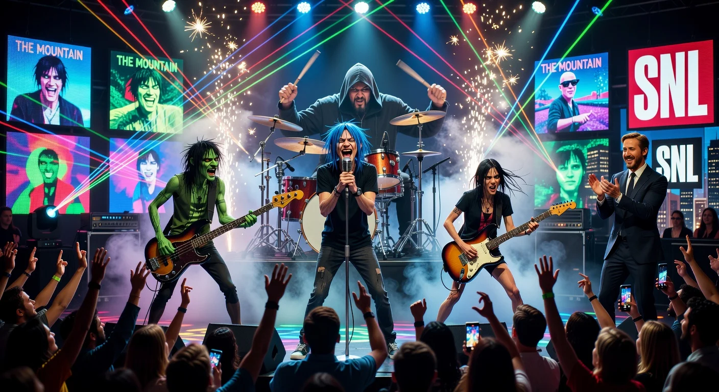 Photorealistic depiction of Gorillaz performing 'Clint Eastwood' on SNL stage with host Ryan Gosling applauding amid cheering crowd.