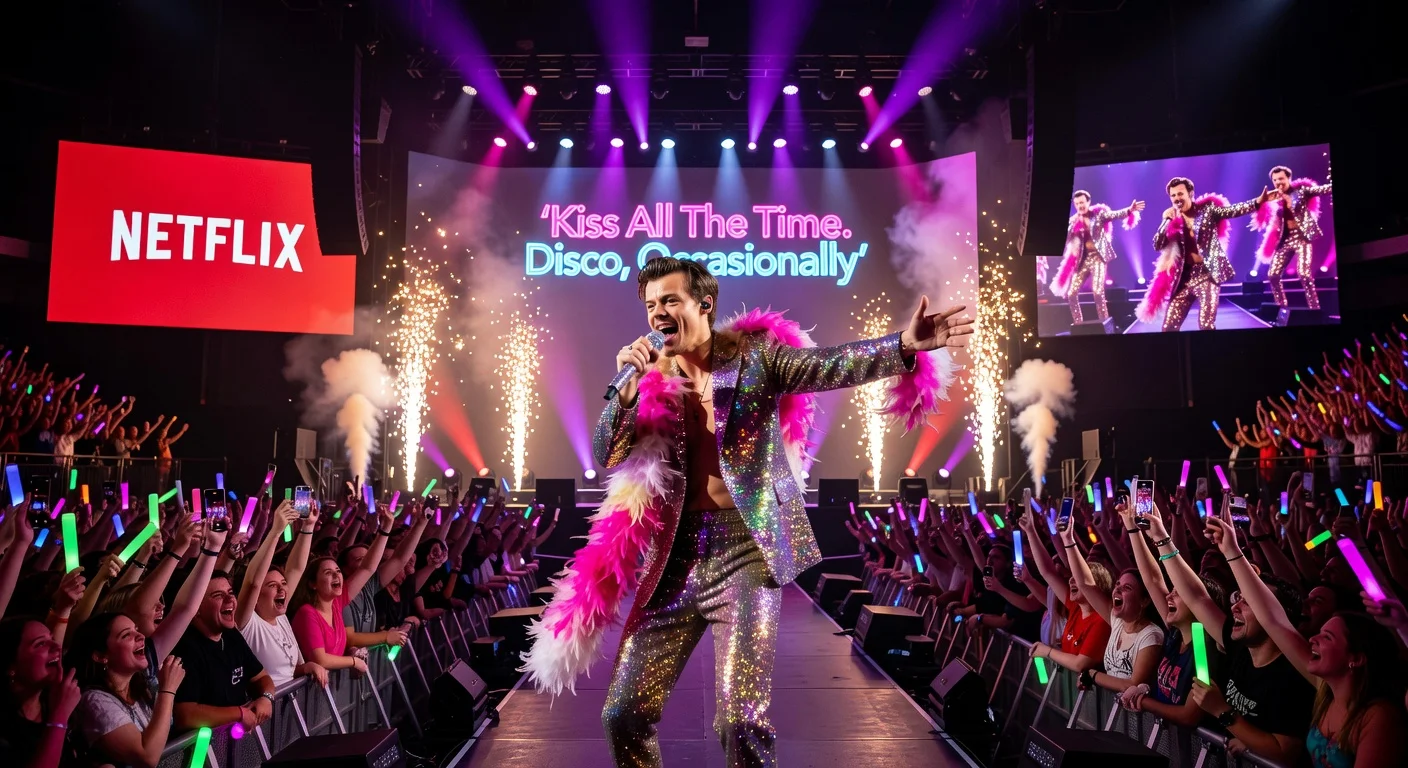 Harry Styles performing live at his 'One Night in Manchester' concert at Co-op Live Arena, with Netflix branding, for the album launch now streaming.