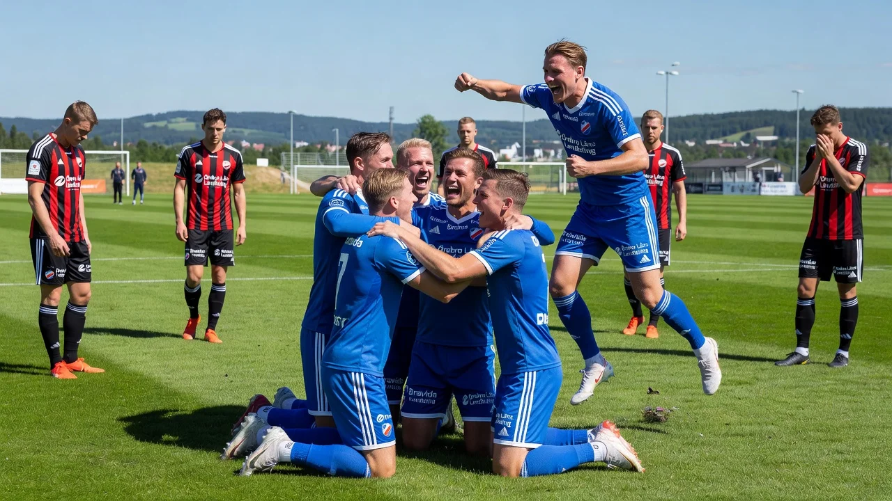 ÖSK players celebrating a comeback goal during a training match against Östersunds FK.
