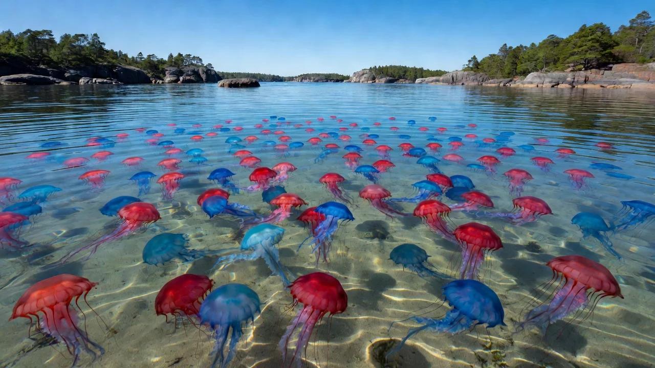 A swarm of red and blue jellyfish in the waters off Sweden's west coast