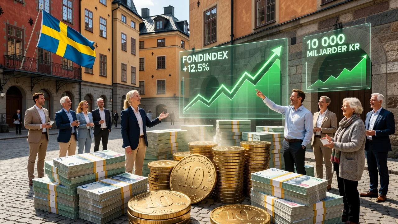 Illustration of Swedes celebrating record fund assets over 10,000 billion kronor.