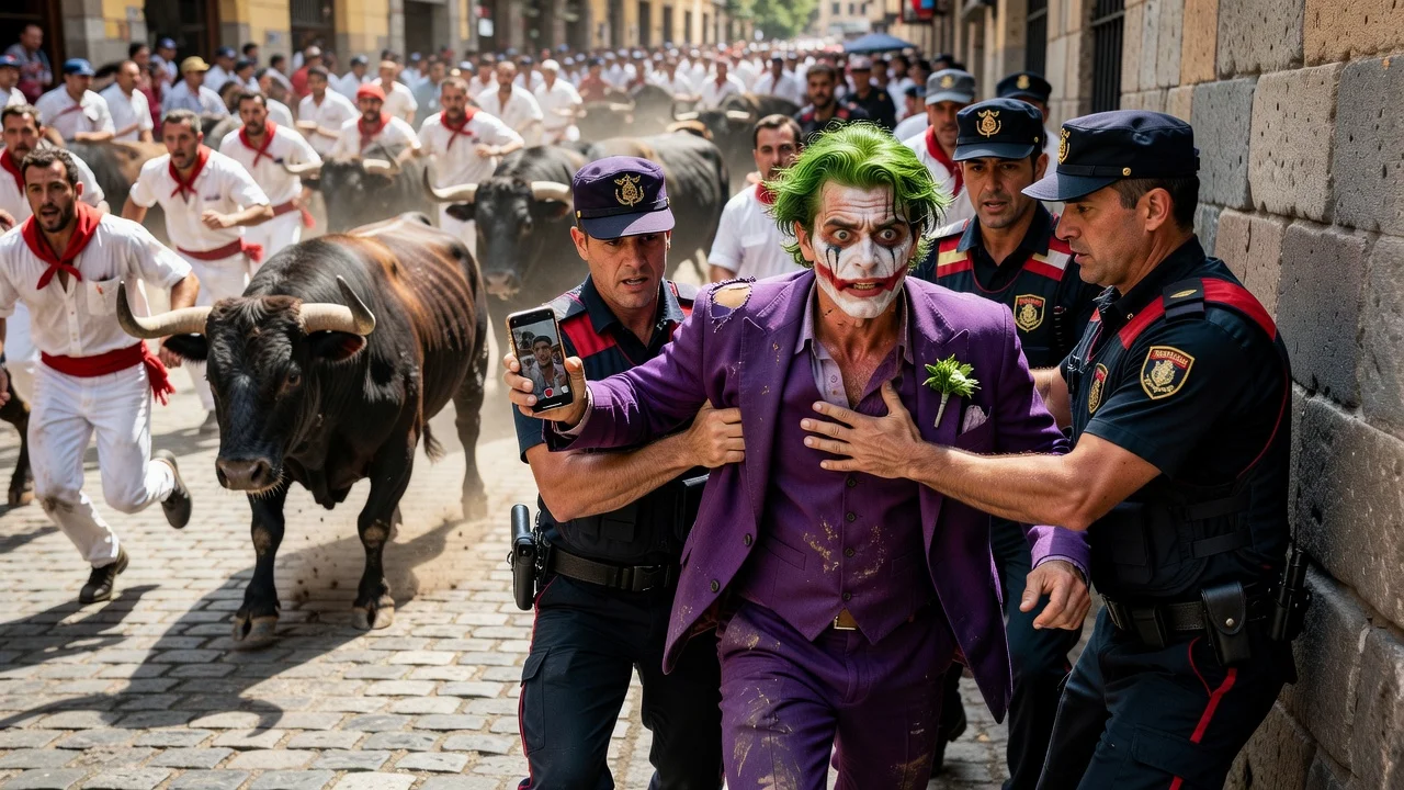 American man dressed as Joker detained by police during Pamplona bull run while holding phone.