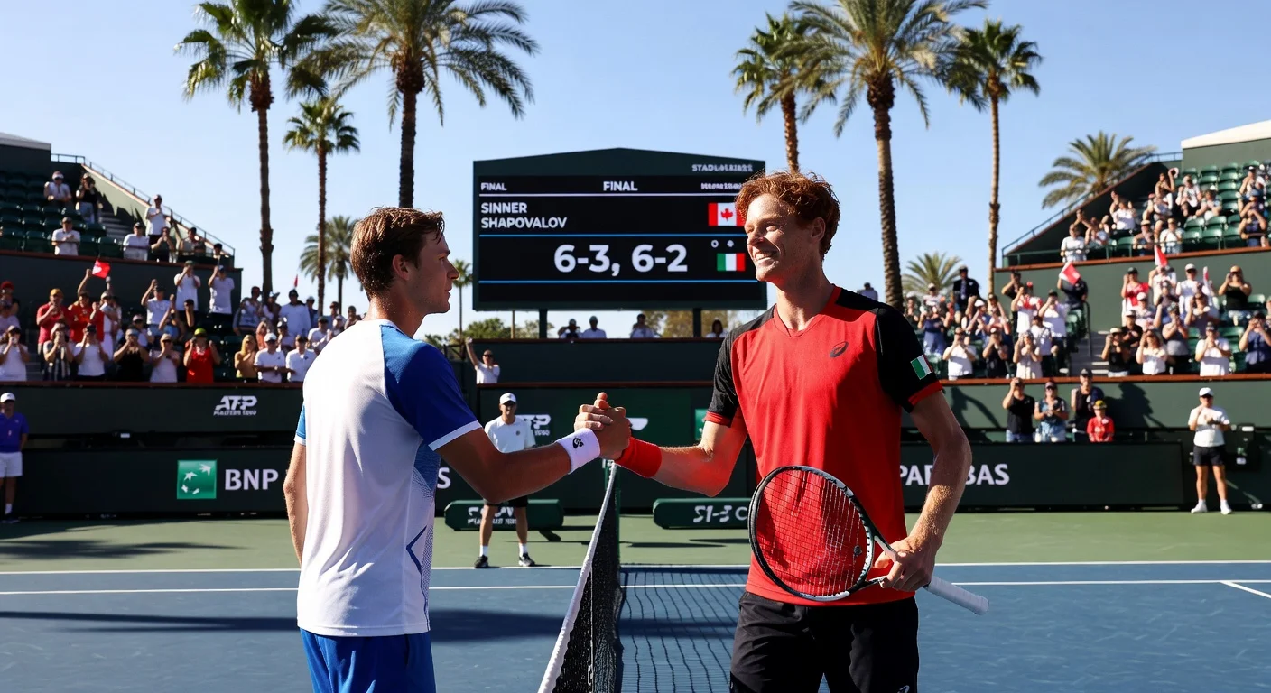 Jannik Sinner shakes hands with Denis Shapovalov after straight-sets win at Indian Wells Masters.