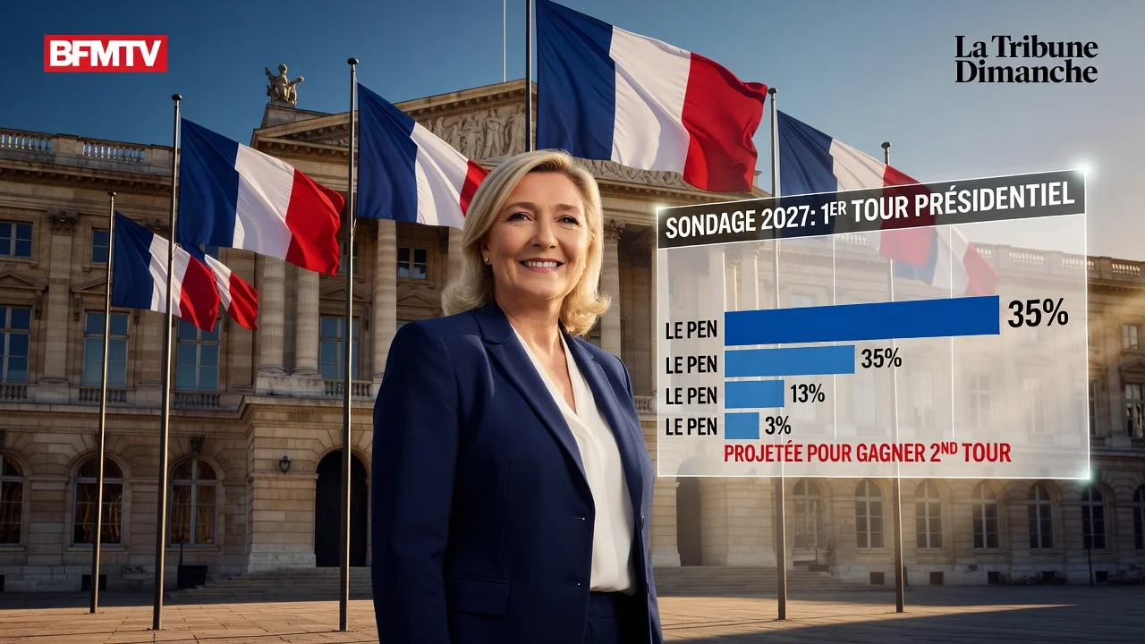 Marine Le Pen standing confidently with poll charts indicating her lead in the 2027 French presidential election.