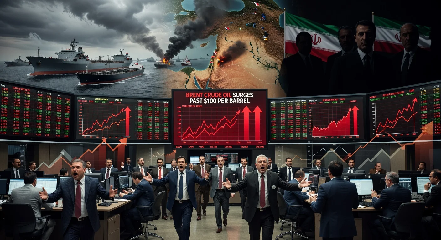 Illustration of oil prices rocketing above $100 on trading screens amid Middle East war maps highlighting Strait of Hormuz risks and Beirut strikes.