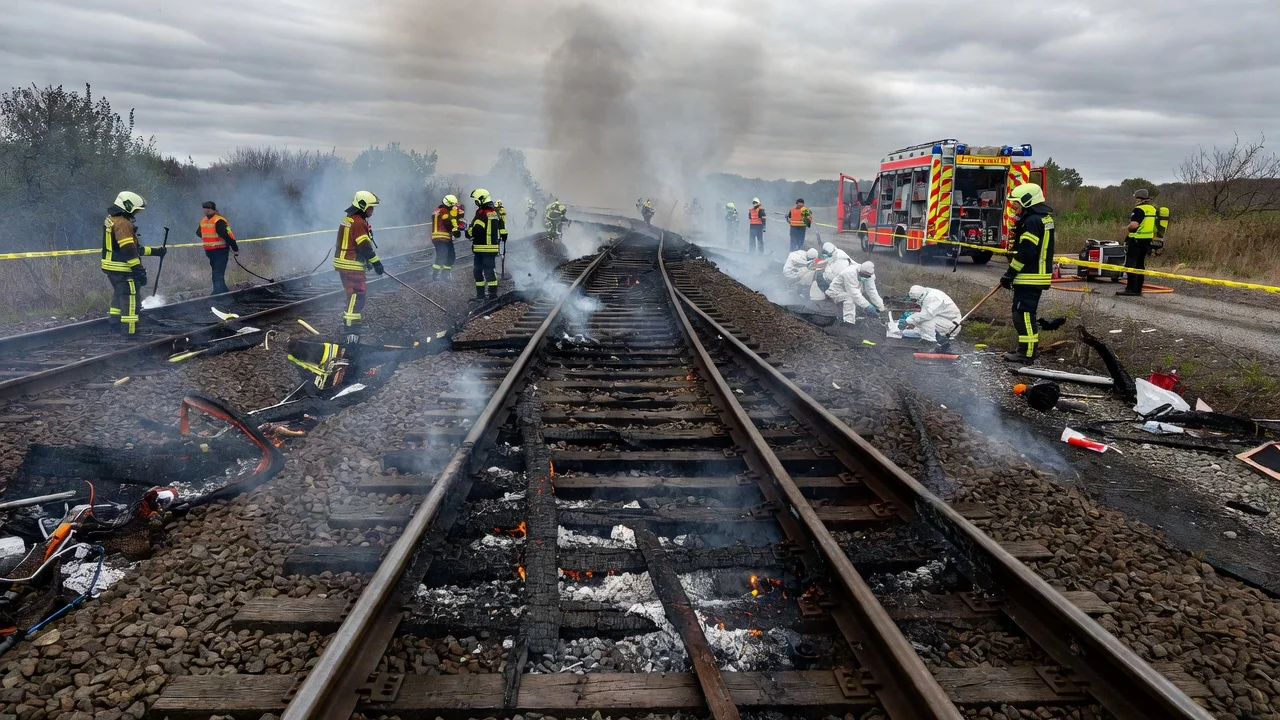 A photo of damaged railway tracks from suspected arson between Düsseldorf and Cologne, with investigators on site.