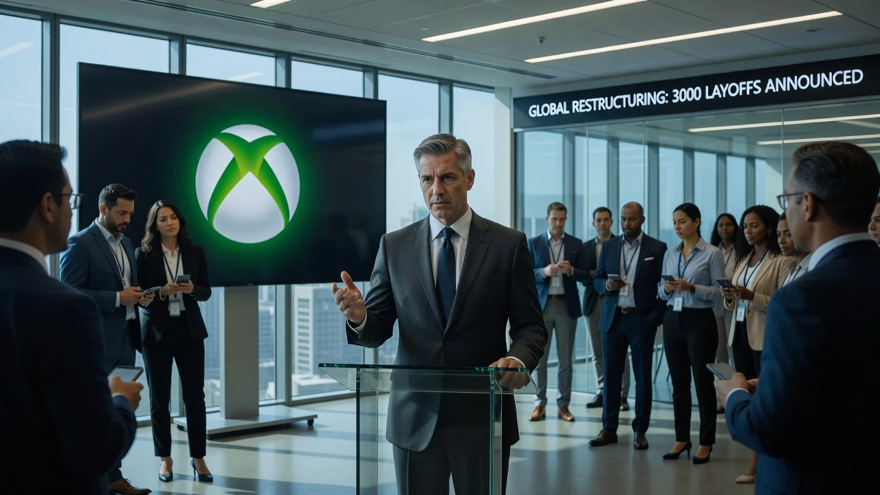 Microsoft executive responding to media about Xbox layoffs in a corporate setting.