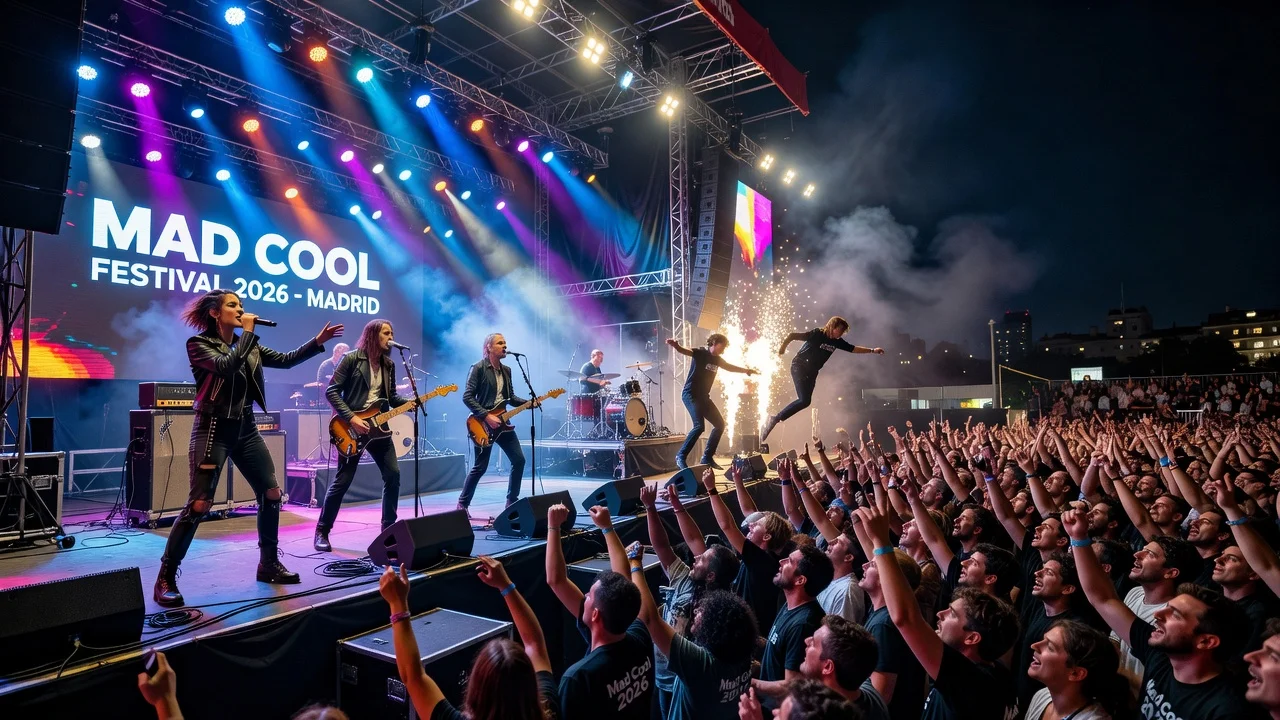 Crowd at Mad Cool Festival watching Halsey, Pixies, and Twenty One Pilots perform with pyrotechnics on stage in Madrid.