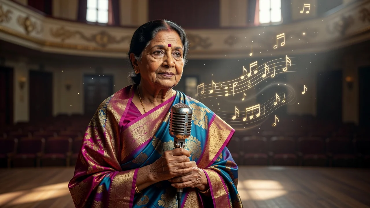 Realistic portrait of singer S. Janaki in traditional attire with a microphone
