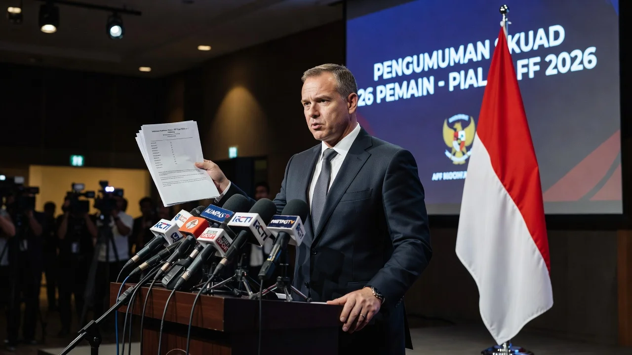 John Herdman announcing Indonesia's AFF Cup 2026 squad at a press conference