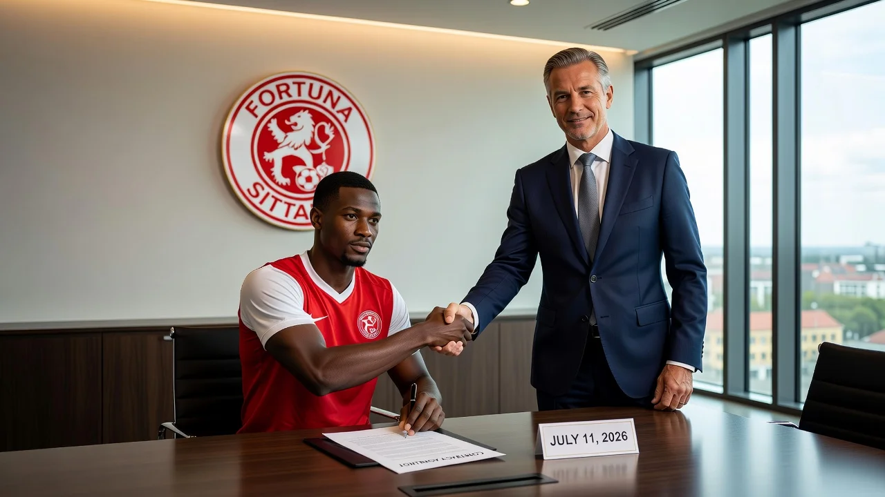 Photorealistic news photo of Ole Romeny signing for Fortuna Sittard in a formal ceremony.