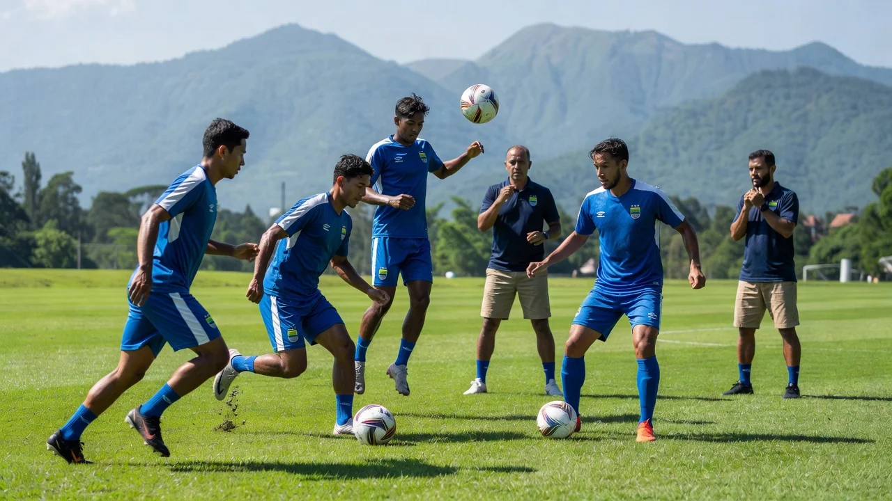 Persib Bandung team during pre-season training on a green field in Bandung with Coach Igor Tolic and player Sandy Walsh.