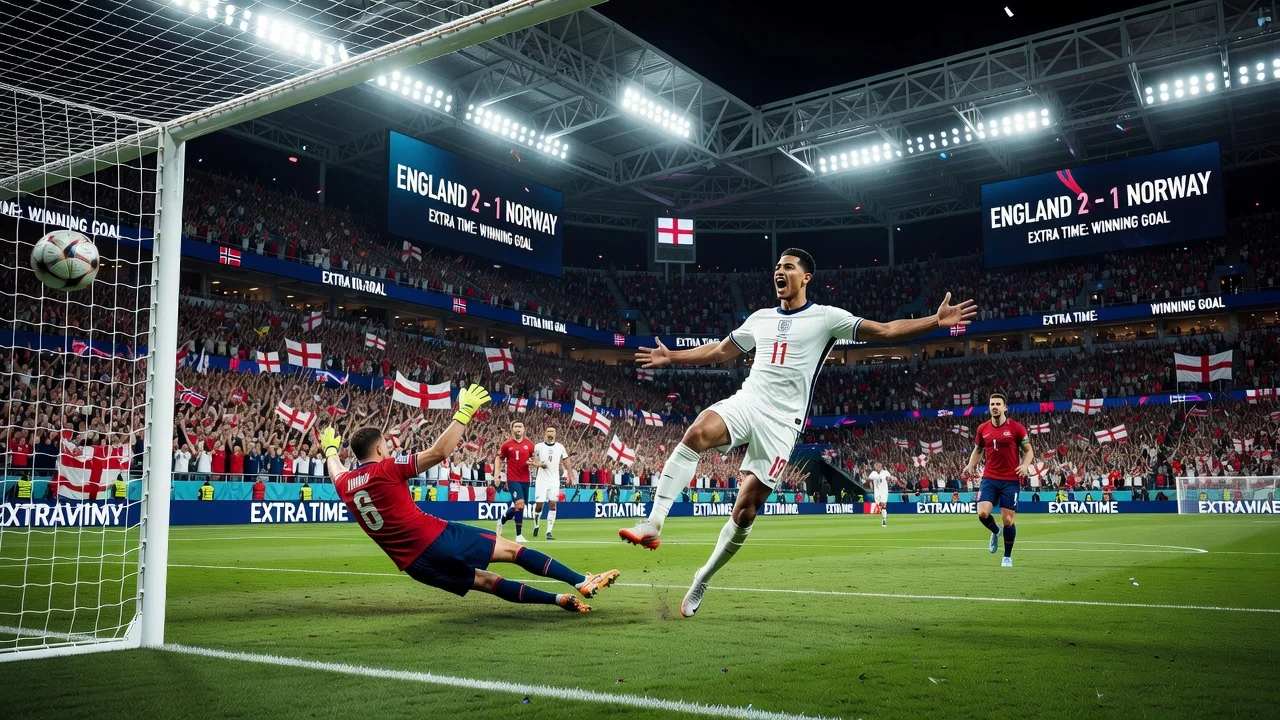 Jude Bellingham scoring the winning goal for England vs Norway in the World Cup quarter-final