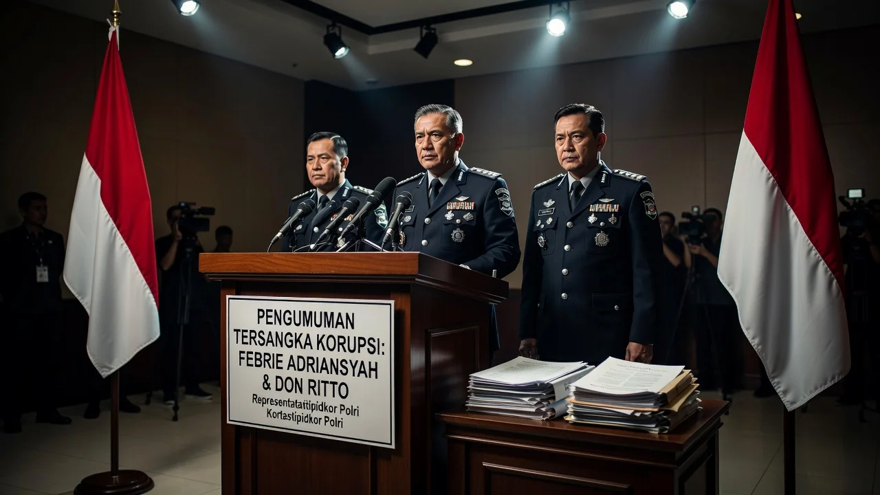 Press conference scene with Indonesian police naming corruption suspects.