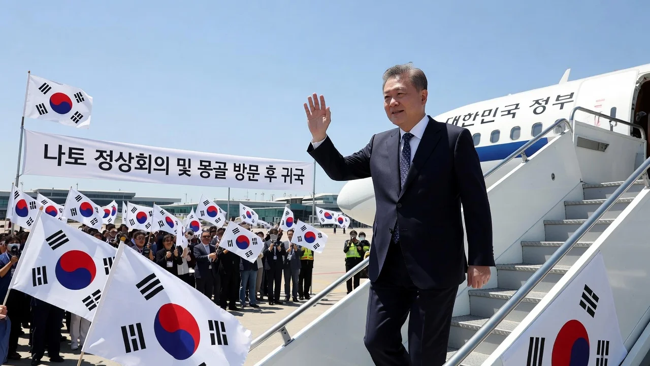 President Lee Jae Myung arriving back in Seoul at the airport after his trip to NATO summit and Mongolia.