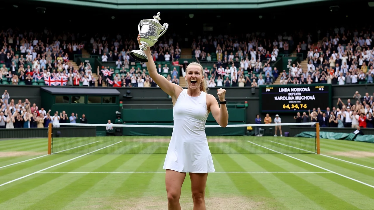 Linda Noskova holding the Wimbledon trophy after her victory on Centre Court.