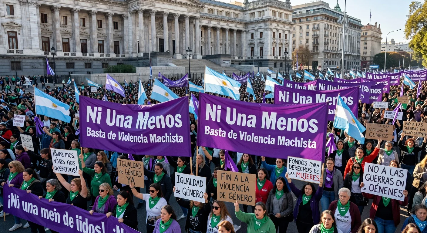 Thousands of women in Buenos Aires' Ni Una Menos march for International Women's Day 2026, holding protest banners against gender violence and for equality.