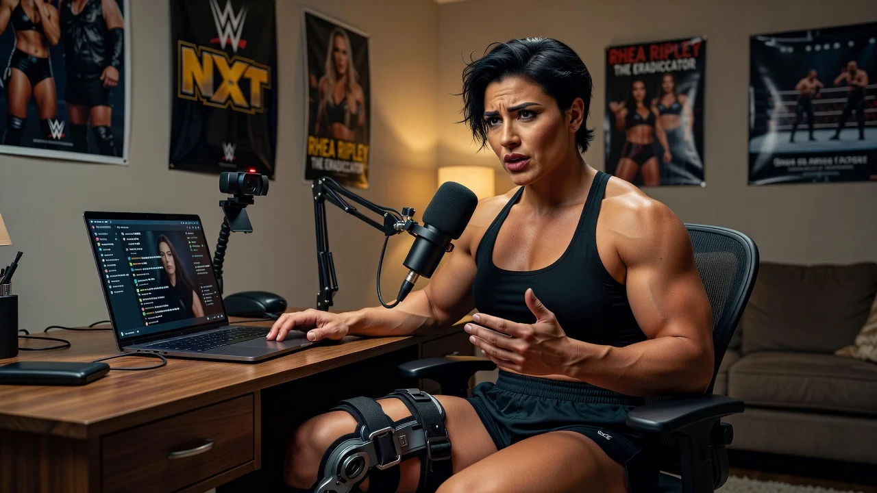 WWE champion Rhea Ripley on livestream discussing her meniscus tear injury recovery