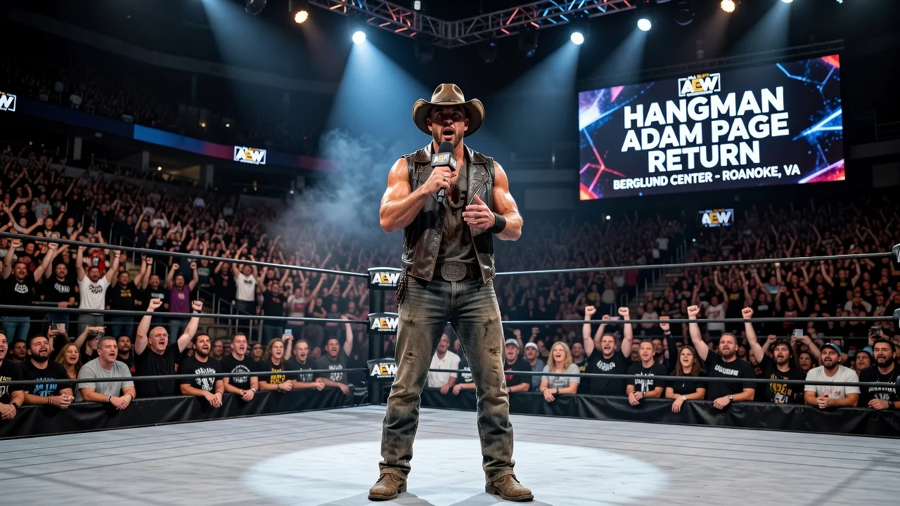 Hangman Adam Page delivering a promo in the ring upon his return to AEW Collision.