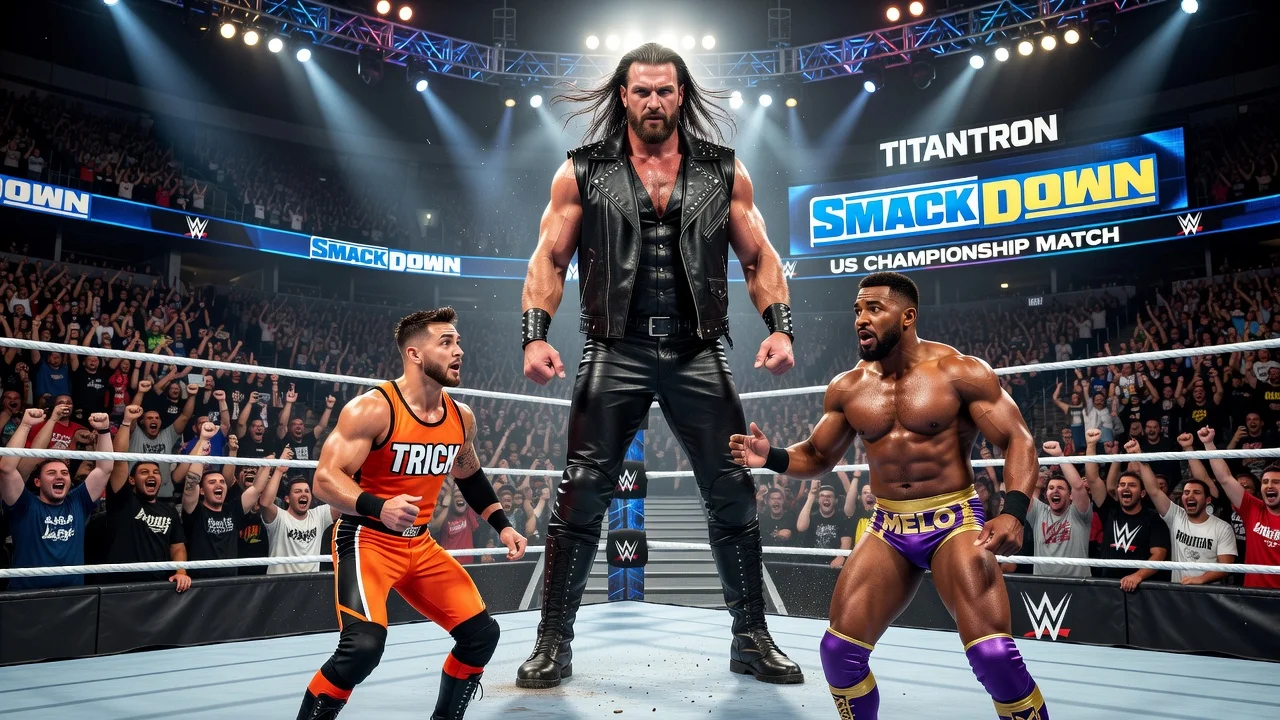 Illustration of Baron Corbin interrupting a WWE match on SmackDown between Trick Williams and Carmelo Hayes.