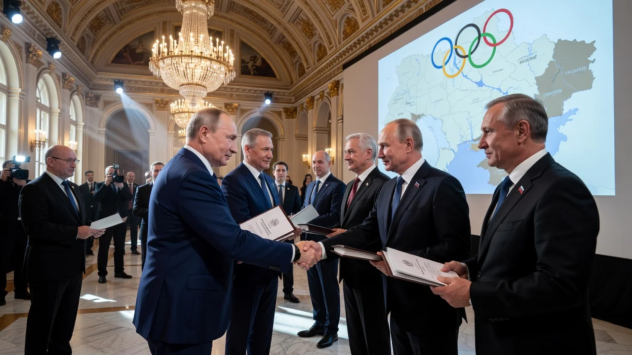 Olympic officials and Russian representatives shaking hands in a formal setting, symbolizing IOC's provisional lift of Russian Olympic Committee suspension.