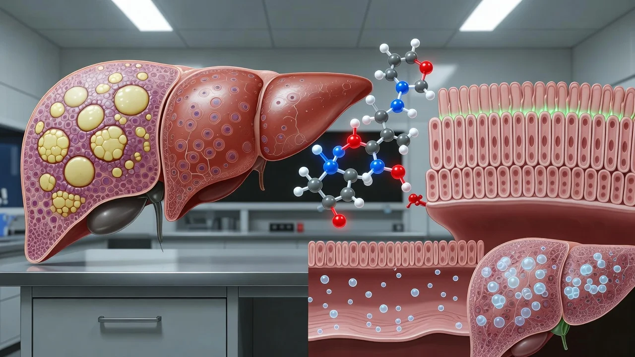 Medical illustration depicting the tripeptide DT-109 improving fatty liver disease by strengthening the gut barrier in animal models.