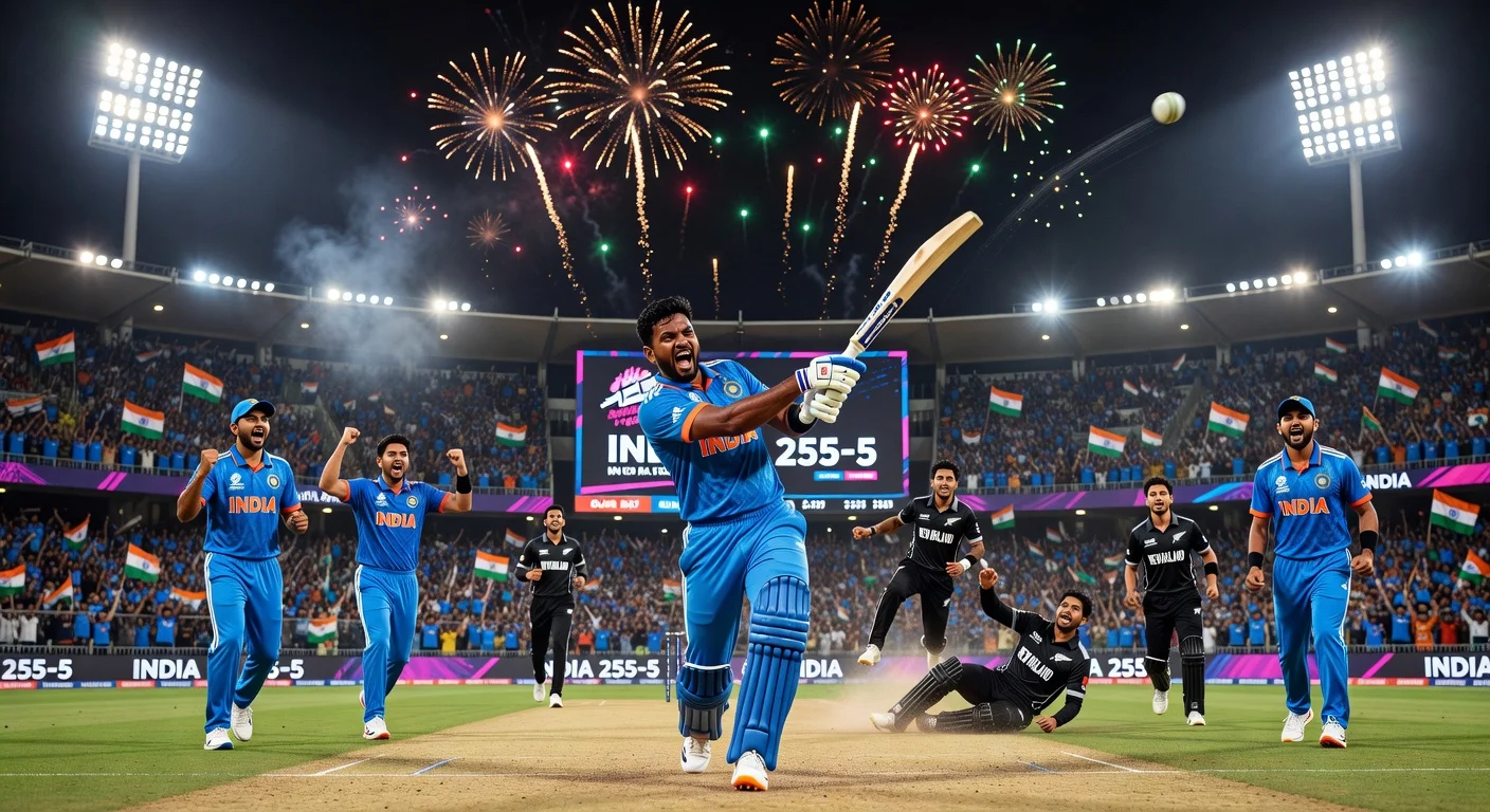 Sanju Samson smashes a six during India's explosive 255-5 innings in the T20 World Cup final against New Zealand at Narendra Modi Stadium.