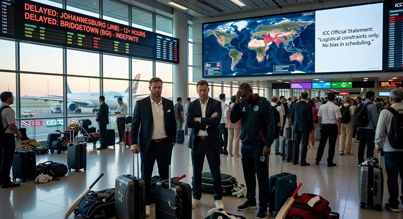 Frustrated South African and West Indian cricketers delayed at Indian airport after T20 World Cup, amid ICC bias accusations, as England departs smoothly.