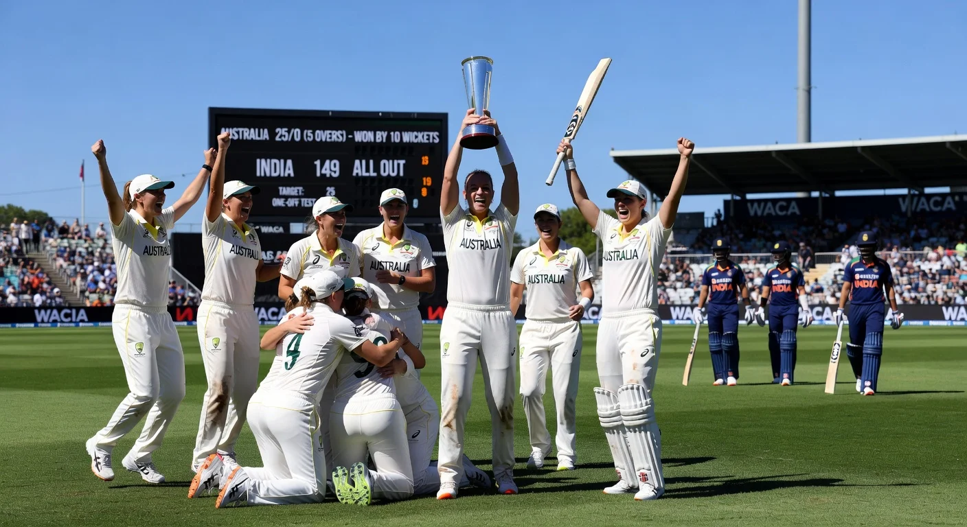 Australian women's cricket team celebrates 10-wicket Test win over India at WACA, Perth, with captain Alyssa Healy and Annabel Sutherland.